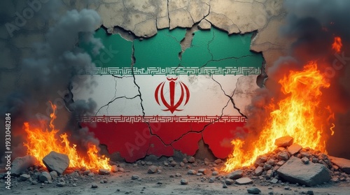 Cracked stone wall with Iranian flag painted on it engulfed in flames and smoke with rubble on the ground

