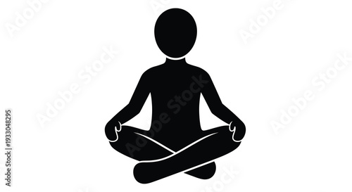 A stark black silhouette depicts a person meditating in the lotus position conveying peace and tranquility silhouette