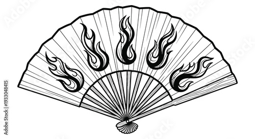 Elegant hand fan illustration featuring stylized flames in a black and white design