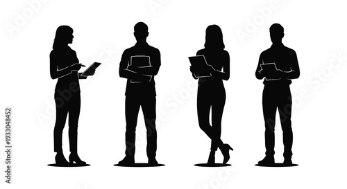 Silhouettes of four people holding devices standing in a row