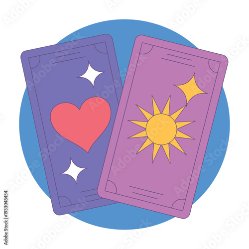 Two vibrant tarot cards featuring a red heart and a yellow sun with rays against a blue circular background