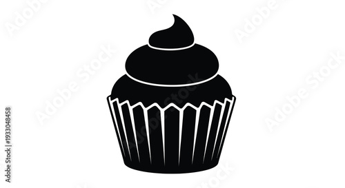 A striking black silhouette of a frosted cupcake against a plain white background showcasing a sweet treat silhouette