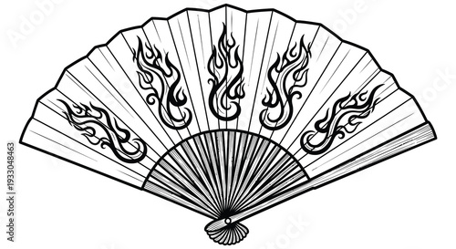 Elegant black and white folding fan with stylized flame and floral designs