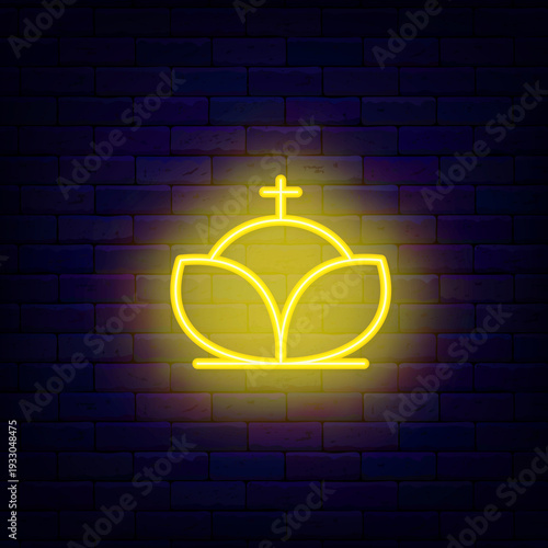 Crown of Priest neon icon. King and queen headwear with cross. Rich and religion concept. The Vatican. Editable stroke. Vector stock illustration