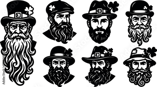 Tattoo flash style vintage leprechaun portraits with detailed beards and hats shamrock accents for st patricks day black white illustration