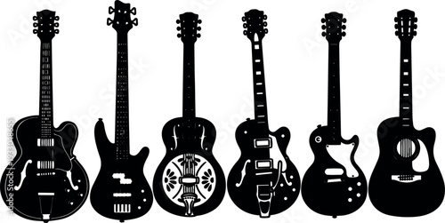 Silhouette vector of six different guitars in row including hollow body bass resonator electric single cutaway and acoustic close view