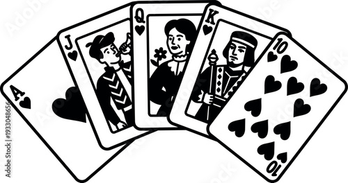 Line art vector fanned hearts royal flush ten jack queen king ace close up view playing cards black and white