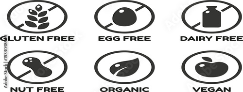Dietary Food Label Icon Set with Gluten Free, Egg Free, Dairy Free, Nut Free, Organic, and Vegan Symbols in Black Line Art Design.
