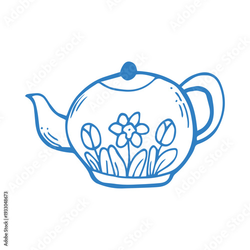 Cute teapot hand drawn doodle vector illustration. Cafe, kitchen and restaurant quirky whimsical design in blue color