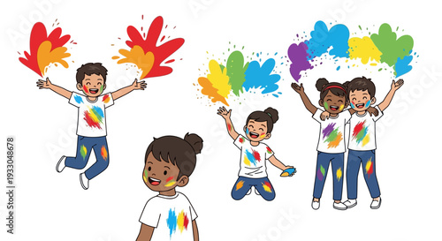 Colorful illustration of happy children celebrating Holi Festival with rainbow paint splatters and joyful expressions on white background