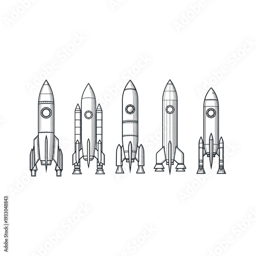 Set of Minimalist Space Rocket Line Art Icons for Design