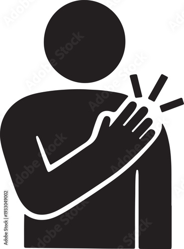 A simple black pictogram represents a person clutching their chest in apparent distress or pain high quality