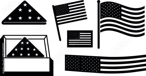 Flat design set of folded united states flag triangle in display case and multiple waving flag icons isolated bold silhouette