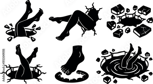 Silhouette vector set showing six falling legs and feet breaking through cracked holes with scattered debris and dramatic bold