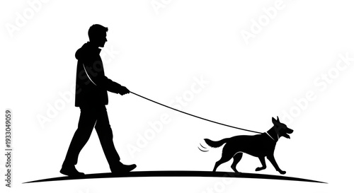 Silhouette of a person walking a dog in a park during sunset hours.