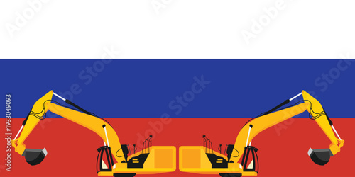 Russian flag and excavator background. Mining and industry