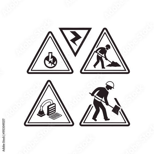 Four triangular warning signs depicting different construction and hazard symbols
