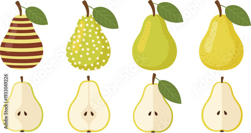 Fresh Pear Fruit Set with Whole Green Pears, Sliced Halves, Yellow Textured Pears, and Striped Patterns Isolated on White Vector.