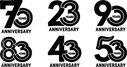 Flat design interlocked anniversary badges 70 23 90 83 43 53 years bold black white vector closeup graphic icons set