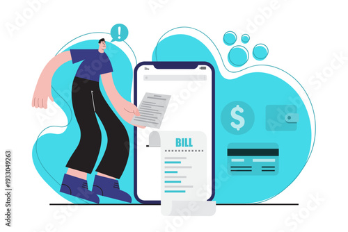 Flat vector illustration of a man paying bills online using a smartphone application. Concept of digital invoice, e-bill payment, online banking, fintech service, and cashless transaction.