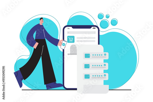 Flat vector illustration of a man making online shopping payment via smartphone banking app. Concept of ecommerce transaction digital wallet confirmation rating review system and secure online payment