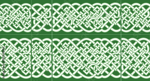 Intricate Celtic Knotwork Pattern in White on Green Background.