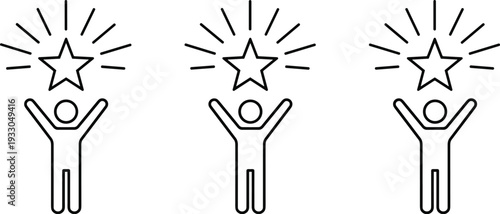 Success achievement line icons with winner person and star, motivation reward and goal accomplishment vector illustration set