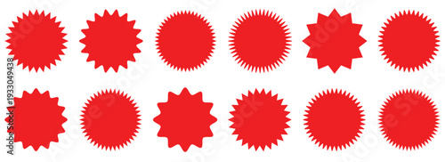  Set of red price sticker, sale or discount sticker, sunburst badges icon. Stars shape with different number of rays. Red starburst promotional badge set, shopping,Special offer price tag