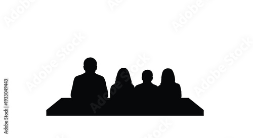 A stark black silhouette depicts four figures seated at a table conveying a sense of unity and isolation silhouette