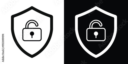 Security shield icon featuring an open padlock. Symbol for unprotected data, system vulnerability, open access, or deactivated firewall protection.