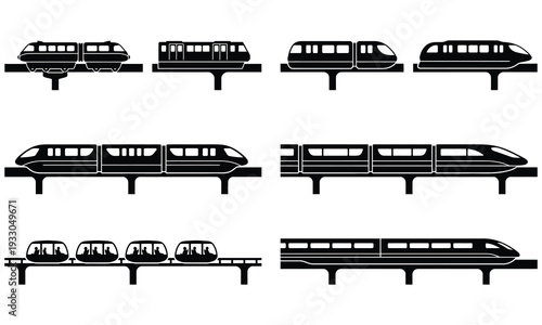 Monorail Evolution History Set Silhouette Vector — Vintage Modern Train Transit Timeline Collection Black Isolated Clipart