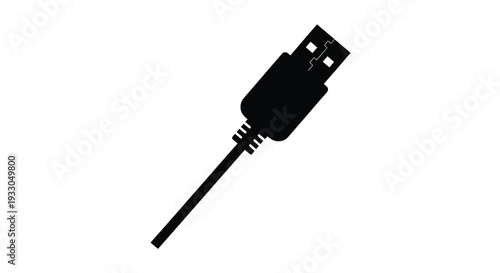 A stark black usb connector cable is displayed against a white background presenting a minimalist silhouette high quality professional