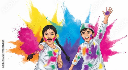 Colorful illustration of two happy kids celebrating Holi Festival with vibrant paint splashes in the background, conveying joy and happiness.
