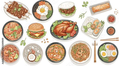 Asian street food collection with noodles rice burger roasted chicken rolls and traditional cuisine dishes