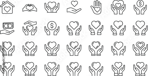 Charity donation and care line icons set, helping hands with heart money and home outline vector collection