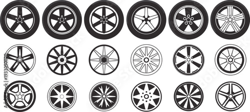 Collection of detailed car wheel and alloy rim silhouettes isolated on white background, automotive tire icon set with modern spoke designs for transport branding.