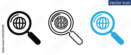 Vector icon set of magnifying glass examining global network symbol