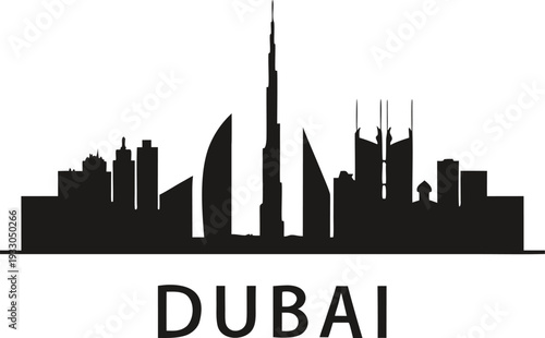 Silhouette of the dubai skyline against a plain white background