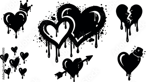 Graffiti style dripping heart collage close up multiple hearts with arrow crown broken heart spray cap urban stencil ink splatter
