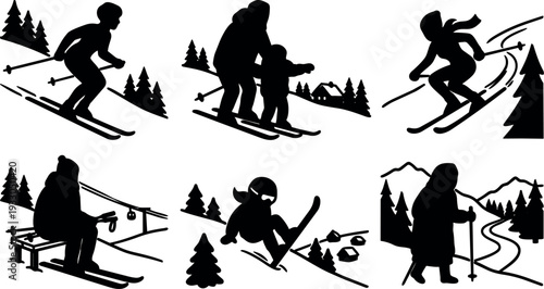 Silhouette ski scenes flat design multiple skiers downhill family lesson chairlift nordic walker snowy pine landscape motion athlete action winter
