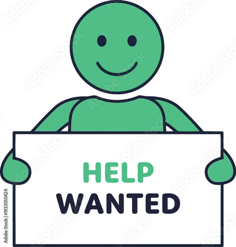 Smiling Cartoon Character Holding Help Wanted Sign for Job Recruitment and Hiring Ads