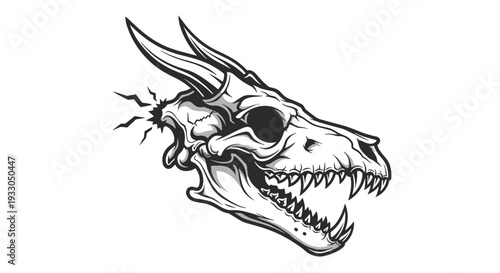 Detailed Black and White Dinosaur Skull Illustration.