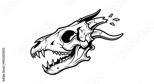 Detailed Illustration of Dinosaur Skull with Horns.