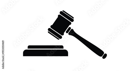 A stark black silhouette of a gavel resting upon a sound block representing justice and legal proceedings silhouette