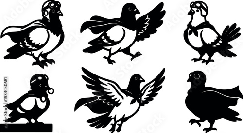 Silhouette vector set of six vintage aviator pigeons wearing goggles and capes in playful flying and perching poses detailed outline