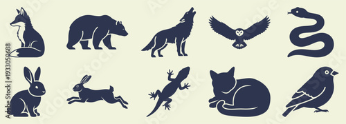 Set of dark blue animal silhouettes, diverse wildlife graphic collection, flat design vector illustration