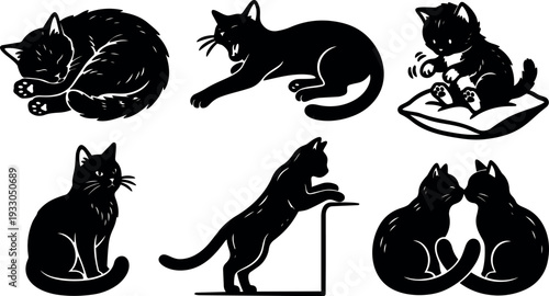 Minimalist vector silhouette cat set six poses sleeping yawning kitten on pillow sitting stretching standing at ledge kissing pair affection