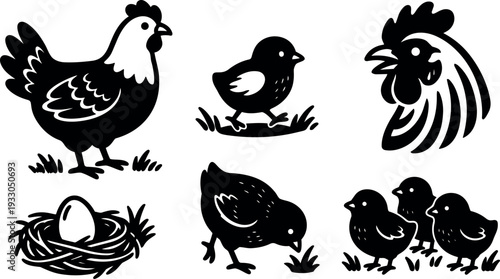 Flat design rustic chicken family set with hen rooster chick chicks egg nest farm scene side view walking silhouette icon