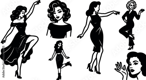 Vintage pinup vector set showing seven dancing retro women silhouettes wearing dresses heels various poses looking at camera side view
