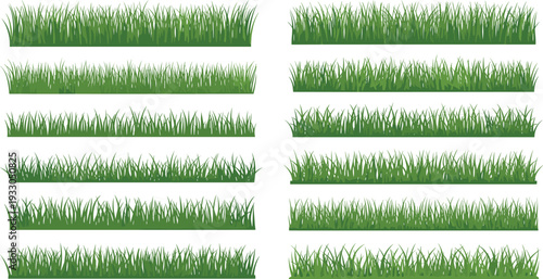 Green Grass Border Set with Realistic Meadow Turf, Fresh Lawn Strips, and Garden Grass Blades Collection Isolated on White Vector.